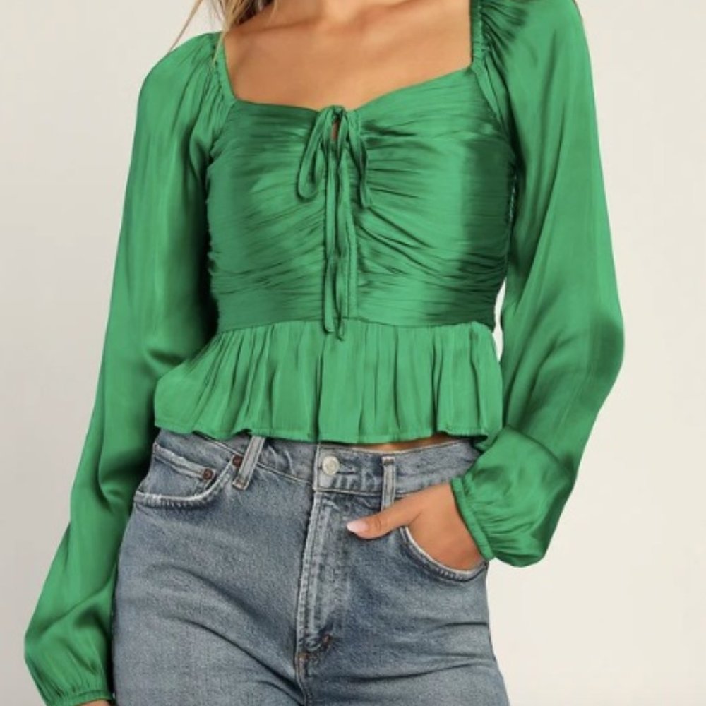 Green Satin Pleated Balloon Sleeve Top